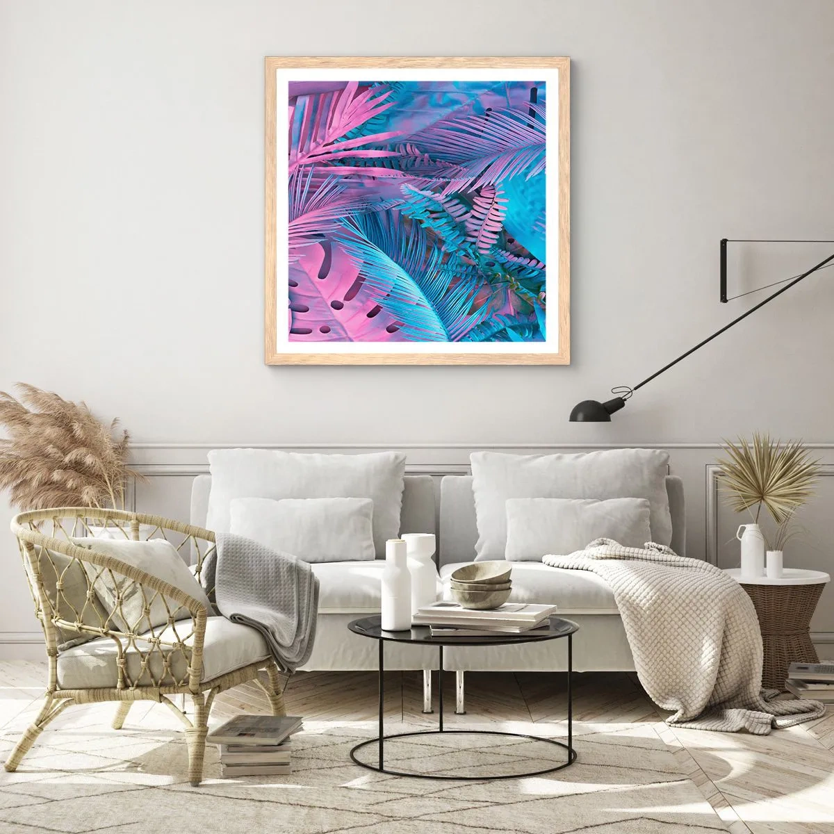 Póster en marco roble claro - Trópicos en rosa y azul - 40x40 cm