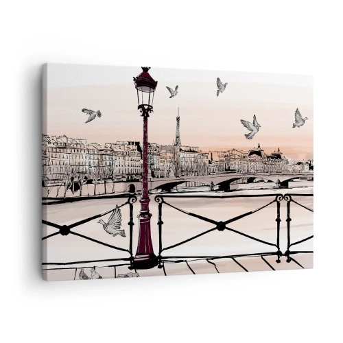 Cuadro sobre lienzo - Impresión de Imagen - Vista parisina con una linterna y un puente. - 70x50cm - Sobre los tejados de París - Decoración de pared moderna para salón y dormitorio ARTTOR
