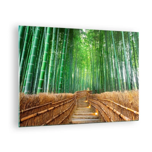 Cuadro sobre vidrio - Impresiones sobre Vidrio - Un camino en el bosque de bambú que conduce a través de las escaleras. - 70x50cm - La esencia de la naturaleza asiática - Decoración de pared moderna para salón y dormitorio ARTTOR