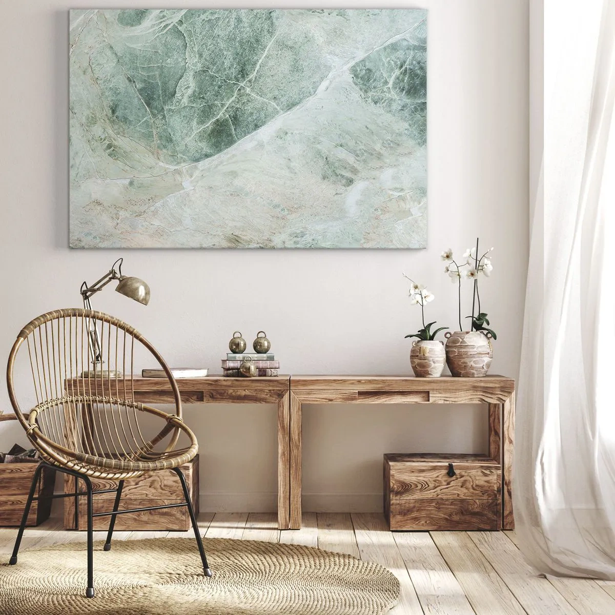 Cuadro sobre lienzo - Impresión de Imagen - Mármol verde con delicadas vetas blancas. - 70x50cm - El noble frescor de la piedra - Decoración de pared moderna para salón y dormitorio ARTTOR