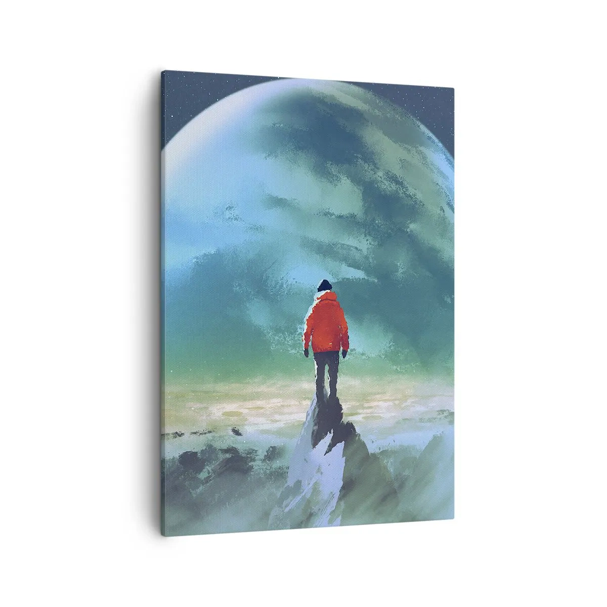 Cuadro sobre lienzo - Impresión de Imagen - Un hombre con una chaqueta roja de pie frente a un gran planeta con estrellas en el fondo. - 50x70cm - Descubridor de una nueva Tierra - Decoración de pared moderna para salón y dormitorio ARTTOR