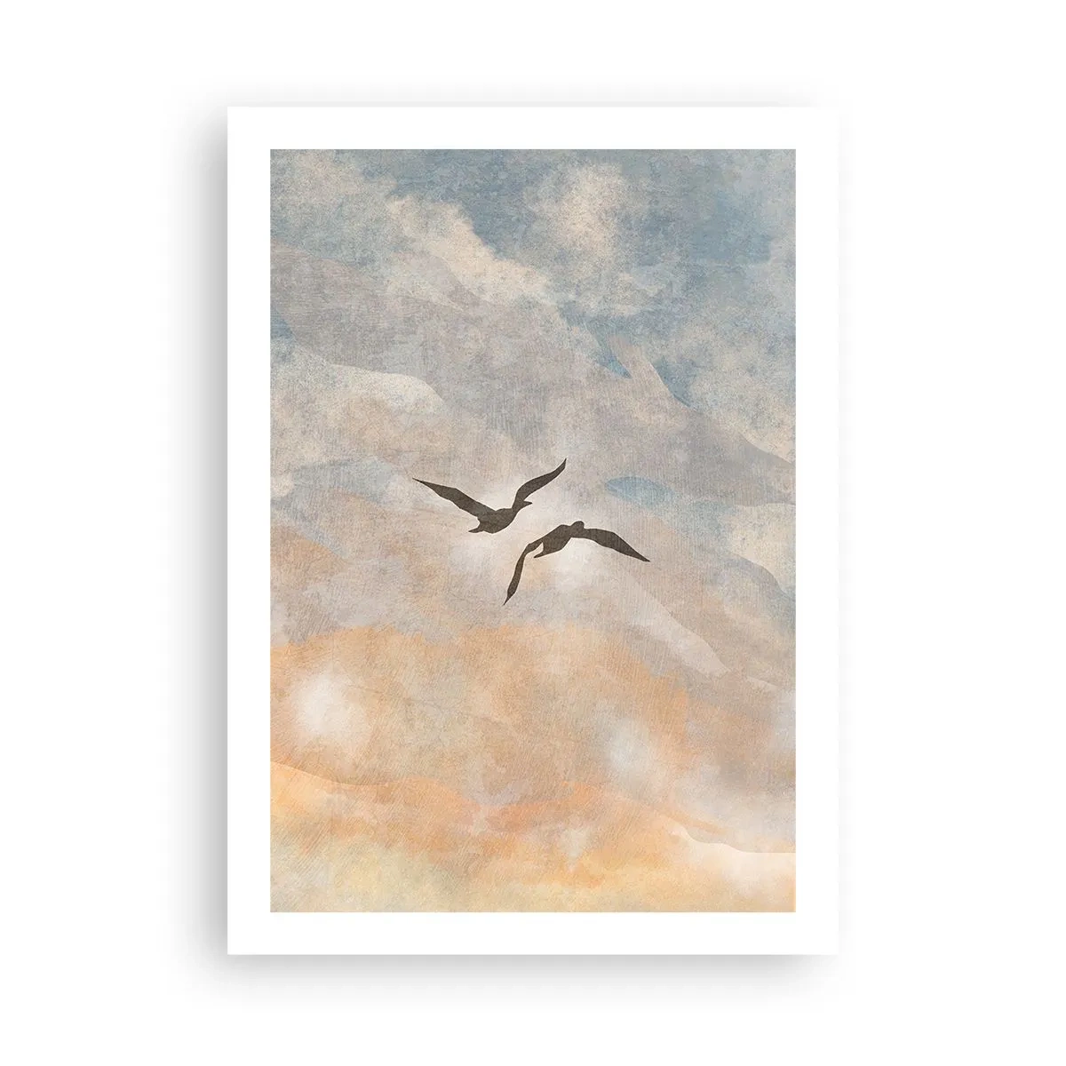 Póster - Dos pájaros volando contra el cielo, en delicados tonos azules y naranjas. - 50x70cm - Danza del cielo - Decoración de pared moderna para salón y dormitorio ARTTOR