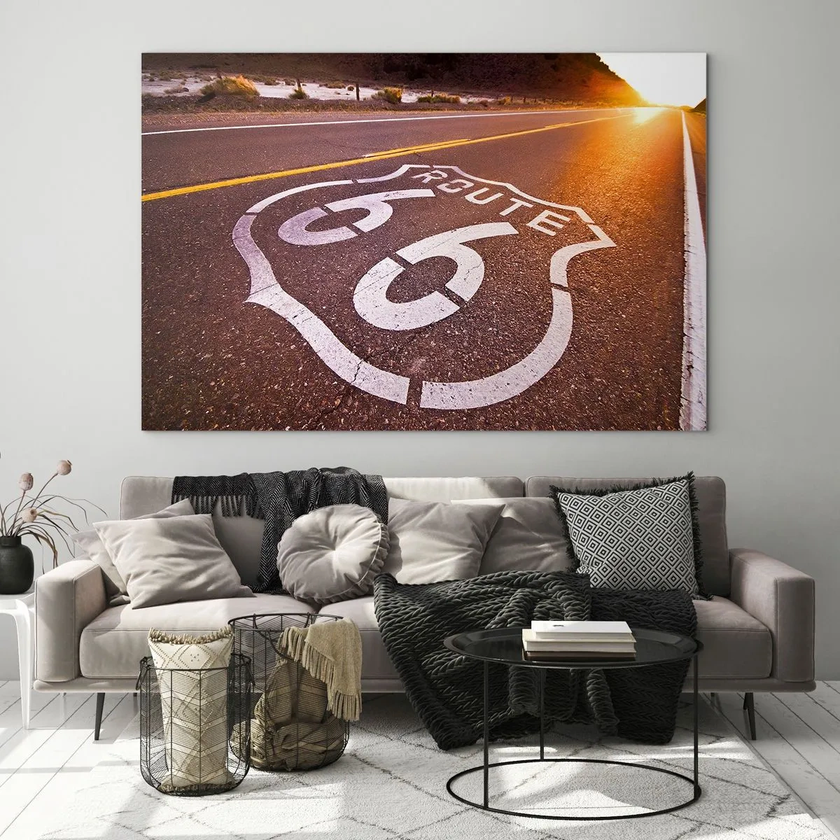 Cuadro sobre vidrio - Impresiones sobre Vidrio - Ruta 66 al atardecer - 70x50cm - La famosa Ruta 66 - Decoración de pared moderna para salón y dormitorio ARTTOR