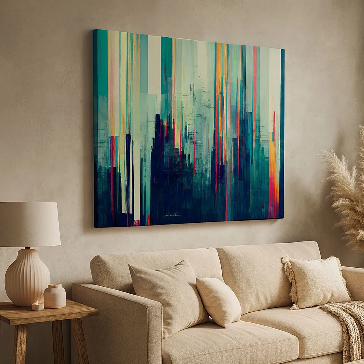 Cuadro sobre lienzo - Impresión de Imagen - Abstracción con líneas verticales y un horizonte de ciudad. - 70x50cm - Ciudad futurista - Decoración de pared moderna para salón y dormitorio ARTTOR