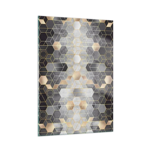 Cuadro sobre vidrio - Impresiones sobre Vidrio - Patrón geométrico de hexágonos en líneas doradas. - 50x70cm - Composición de diamantes - Decoración de pared moderna para salón y dormitorio ARTTOR