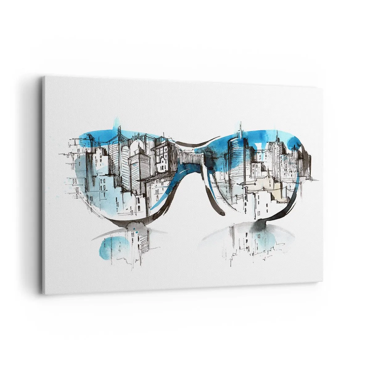 Cuadro sobre lienzo - Impresión de Imagen - Acuarela del panorama de la ciudad reflejado en las gafas. - 100x70cm - La elegancia de la gran ciudad - Decoración de pared moderna para salón y dormitorio ARTTOR