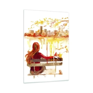 Cuadro sobre vidrio - Impresiones sobre Vidrio - Escena de acuarela de una mujer en un banco con vistas a la ciudad. - 80x120cm - Un momento de reflexión - Decoración de pared moderna para salón y dormitorio ARTTOR