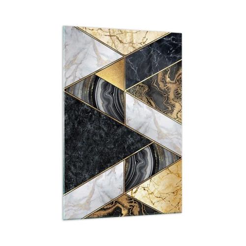 Cuadro sobre vidrio - Impresiones sobre Vidrio - Triángulos geométricos en dorado, mármol y tonos oscuros. - 70x100cm - Collage de piedras - Decoración de pared moderna para salón y dormitorio ARTTOR