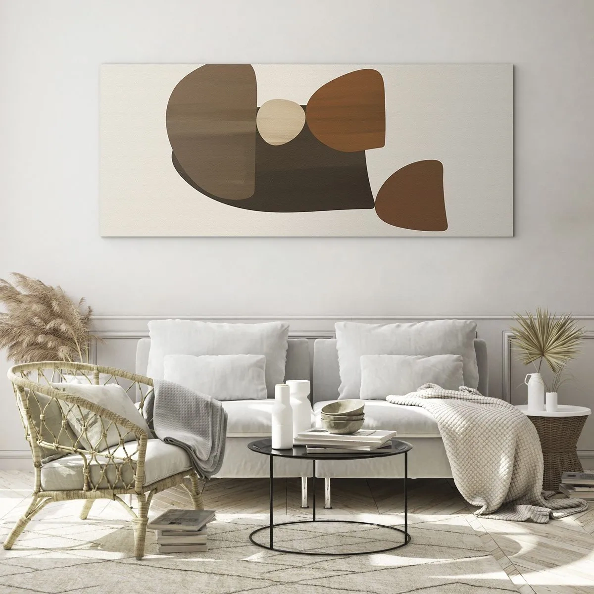 Cuadro sobre vidrio - Impresiones sobre Vidrio - Composición abstracta en tonos marrones y beige. - 140x50cm - Composición en bronce - Decoración de pared moderna para salón y dormitorio ARTTOR