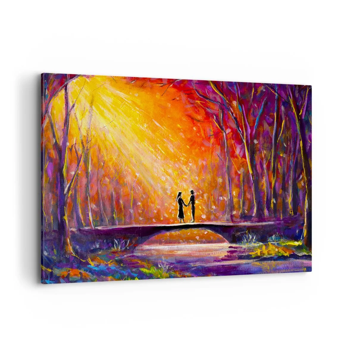 Cuadro sobre lienzo - Impresión de Imagen - Pareja romántica en un puente en el bosque otoñal - 120x80cm - El cielo también los ama - Decoración de pared moderna para salón y dormitorio ARTTOR