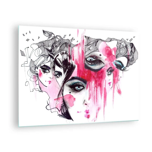 Cuadro sobre vidrio - Impresiones sobre Vidrio - Rostros femeninos abstractos con acentos rosas en un estilo de boceto. - 70x50cm - Ojos abstractos - Decoración de pared moderna para salón y dormitorio ARTTOR