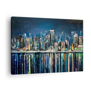 Cuadro sobre lienzo - Impresión de Imagen - Panorama de la ciudad nocturna reflejada en el agua. - 70x50cm - Una cascada de luces - Decoración de pared moderna para salón y dormitorio ARTTOR