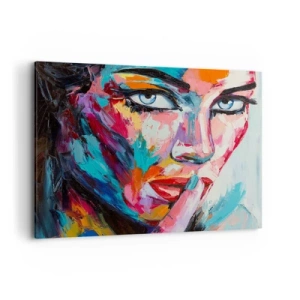 Cuadro sobre lienzo - Impresión de Imagen - Retrato colorido de una mujer en estilo abstracto. - 120x80cm - Nuestro primer secreto - Decoración de pared moderna para salón y dormitorio ARTTOR