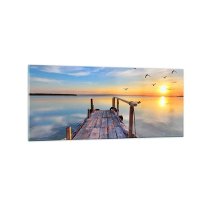 Cuadro sobre vidrio - Impresiones sobre Vidrio - Muelle de madera al atardecer en un lago tranquilo - 120x50cm - Caminando hacia el sol - Decoración de pared moderna para salón y dormitorio ARTTOR