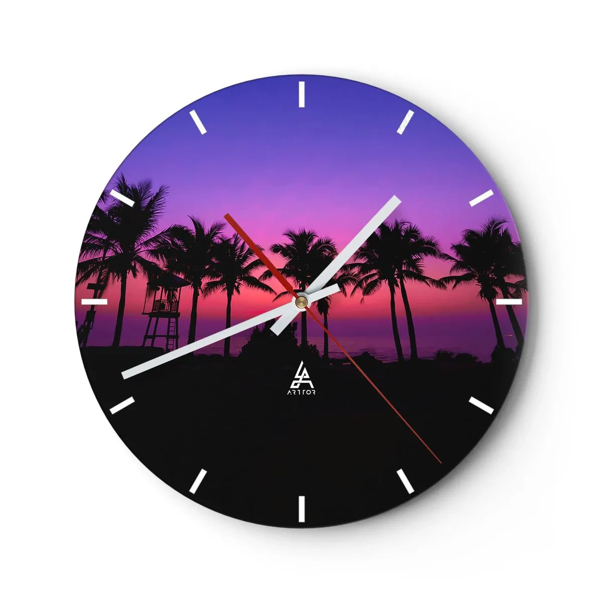 Reloj de pared - Reloj de vidrio - Palmeras al atardecer con un cielo morado - 30x30cm - Atardecer bajo las palmeras - Decoración de pared moderna para salón, cocina y dormitorio ARTTOR