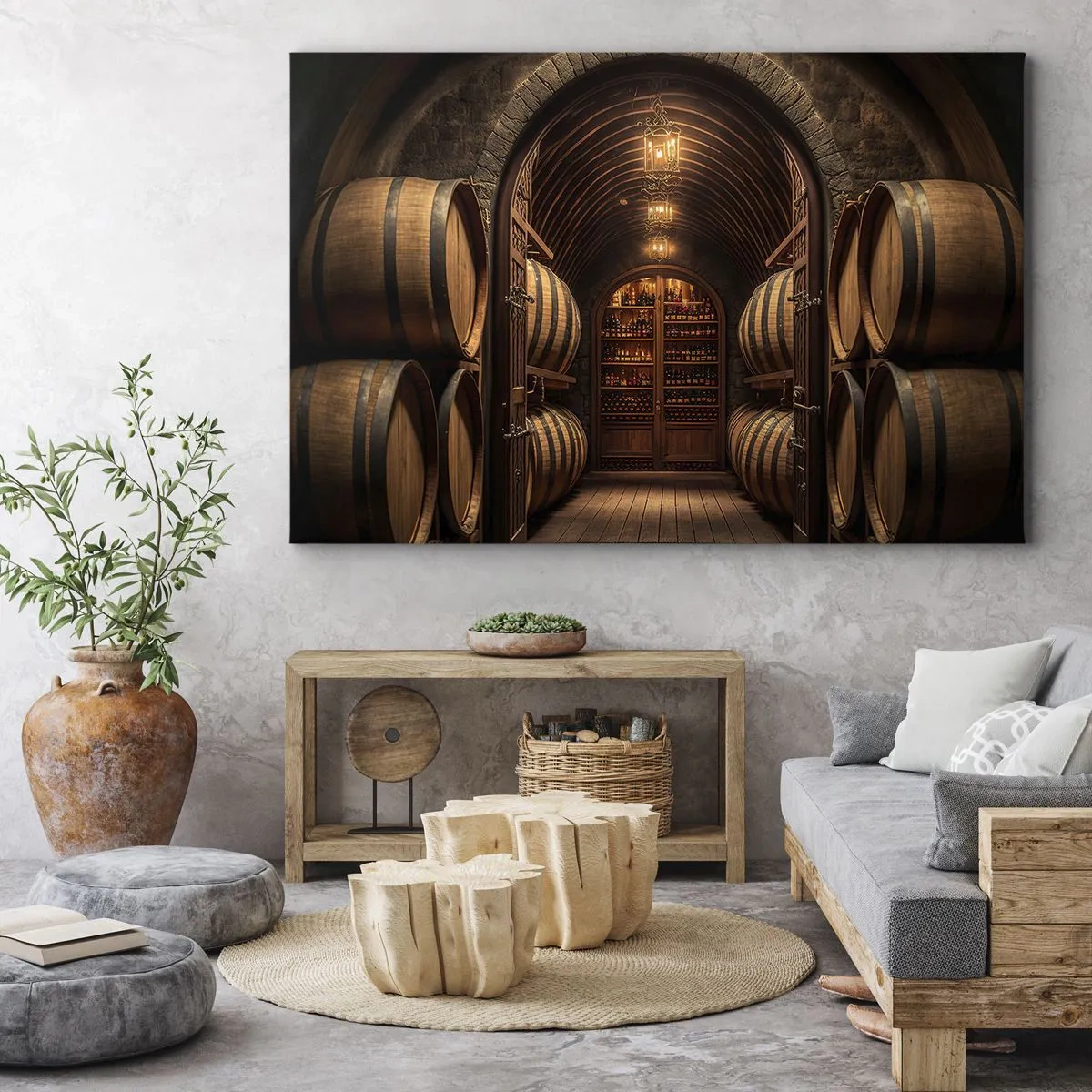 Cuadro sobre lienzo - Impresión de Imagen - Bodega con barriles de madera y estantes para vinos. - 70x50cm - Sótano atmosférico - Decoración de pared moderna para salón y dormitorio ARTTOR