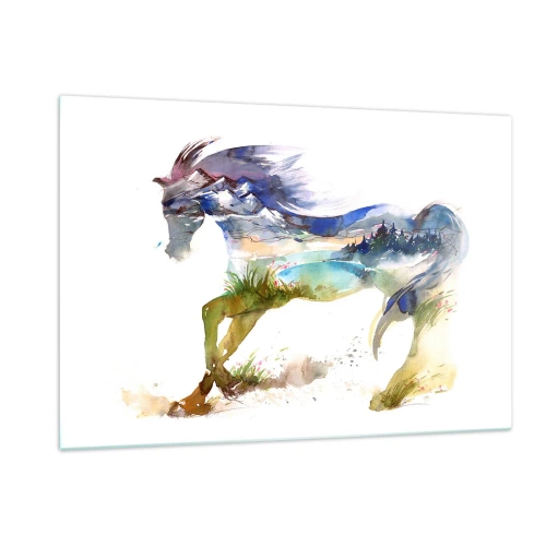 Cuadro sobre vidrio - Impresiones sobre Vidrio - Acuarela de un caballo con un paisaje de montaña en silueta. - 120x80cm - De la pradera al cielo - Decoración de pared moderna para salón y dormitorio ARTTOR