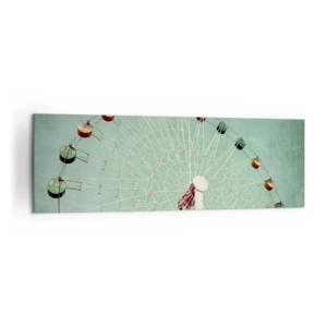 Cuadro sobre lienzo - Impresión de Imagen - Una noria colorida contra un cielo azul en estilo retro. - 160x50cm - Te invitamos a jugar - Decoración de pared moderna para salón y dormitorio ARTTOR