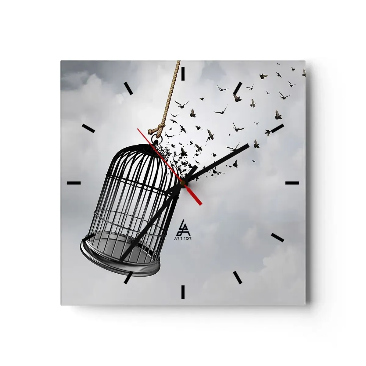 Reloj de pared - Reloj de vidrio - Pájaros volando desde una jaula contra el cielo. - 30x30cm - Fe... Esperanza... ¡Libertad! - Decoración de pared moderna para salón y dormitorio ARTTOR