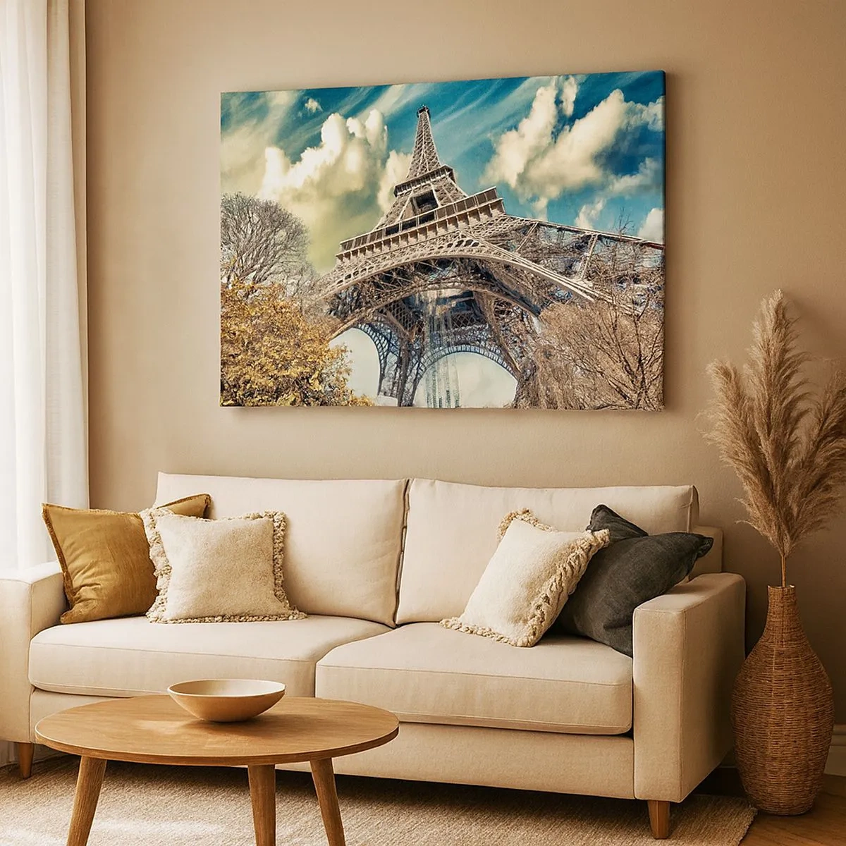 Cuadro sobre lienzo - Impresión de Imagen - La Torre Eiffel desde abajo en un entorno otoñal - 70x50cm - Y en París, en otoño... - Decoración de pared moderna para salón y dormitorio ARTTOR