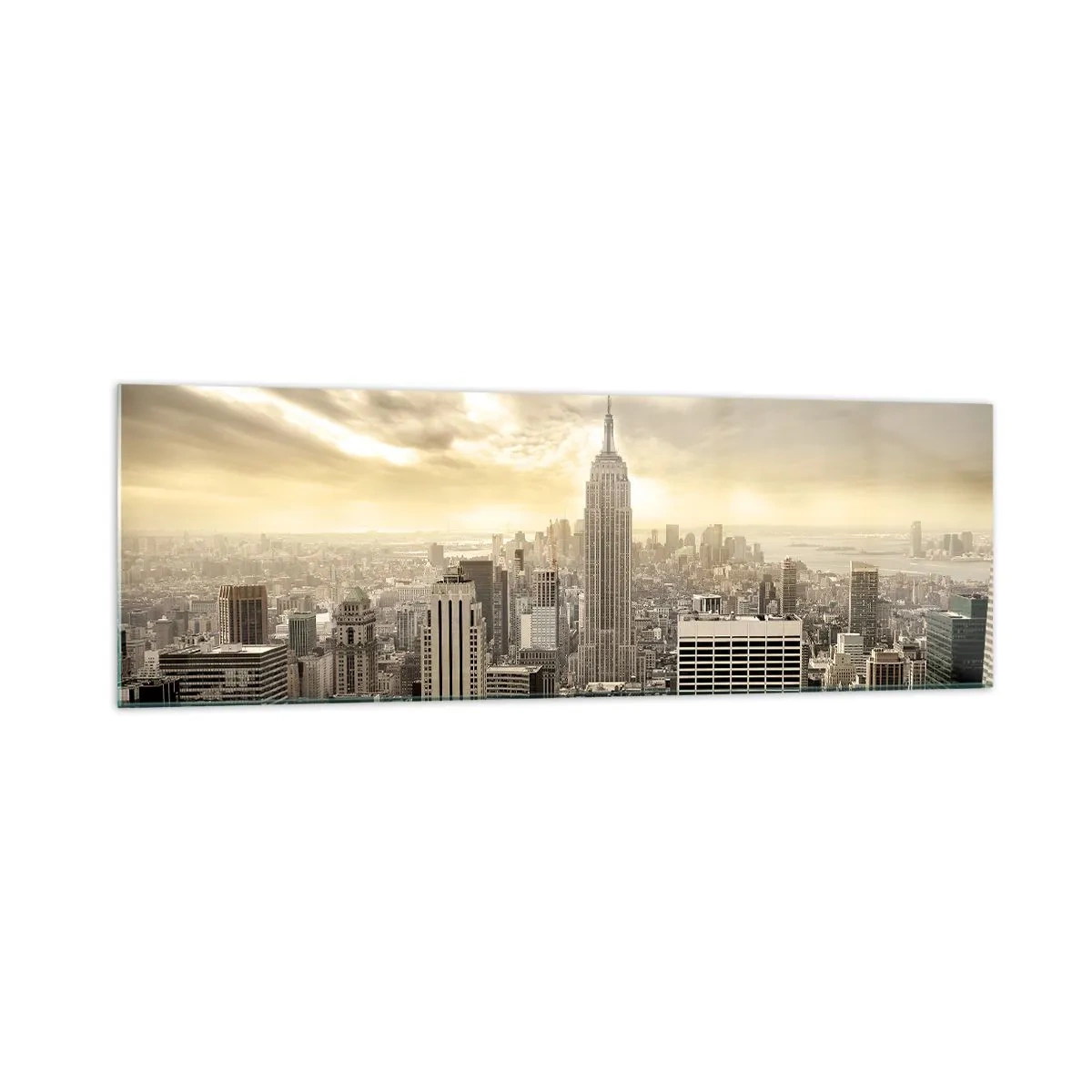 Cuadro sobre vidrio - Impresiones sobre Vidrio - Panorama de la ciudad con vista al Empire State Building - 160x50cm - Tejido neoyorquino en tonos grises - Decoración de pared moderna para salón y dormitorio ARTTOR