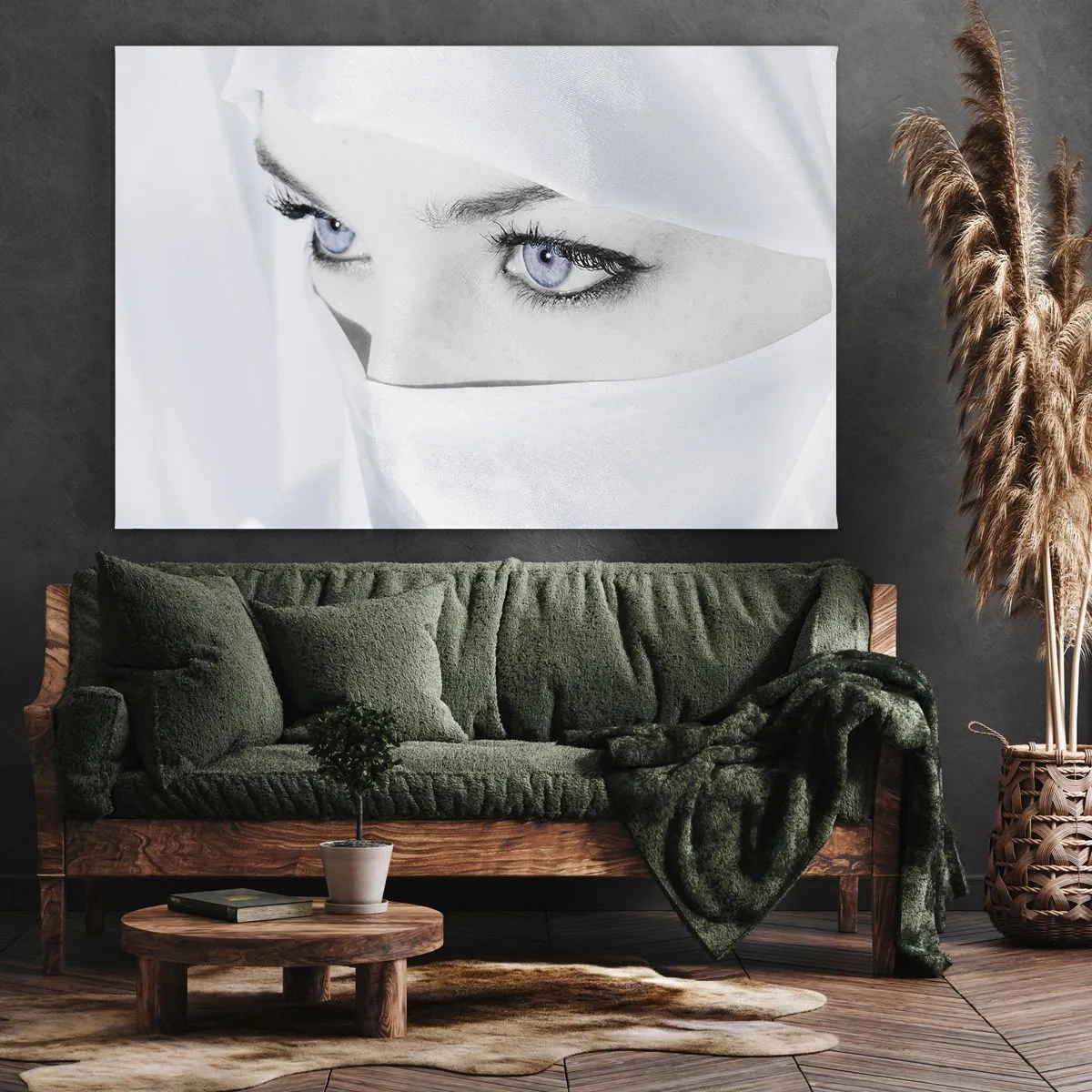 Cuadro sobre lienzo - Impresión de Imagen - Retrato de una mujer con ojos azules ocultos tras un velo blanco. - 70x50cm - Directamente de las mil y una noches - Decoración de pared moderna para salón y dormitorio ARTTOR