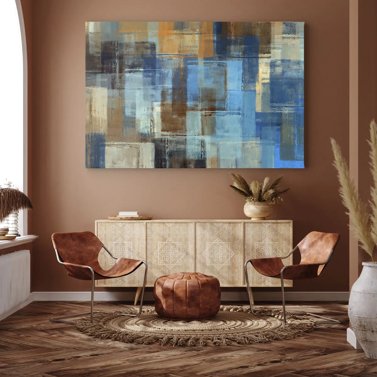 Cuadro sobre lienzo - Impresión de Imagen - Composición geométrica abstracta en tonos azules y marrones. - 70x50cm - A través del velo azul - Decoración de pared moderna para salón y dormitorio ARTTOR