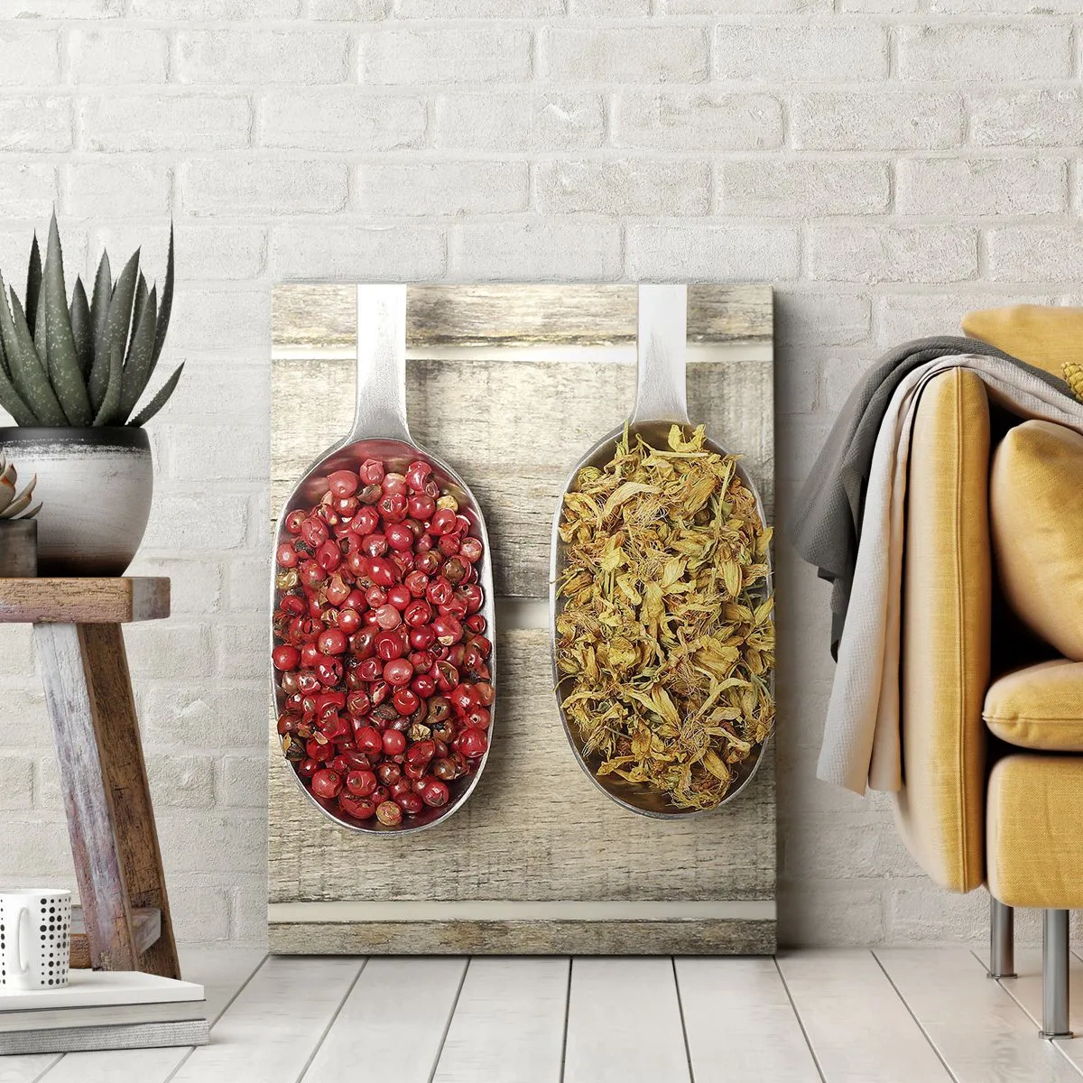 Cuadro sobre lienzo - Impresión de Imagen - Tres cucharas de metal con especias sobre un fondo de madera. - 80x120cm - La magia de la cocina - Decoración de pared moderna para salón y dormitorio ARTTOR