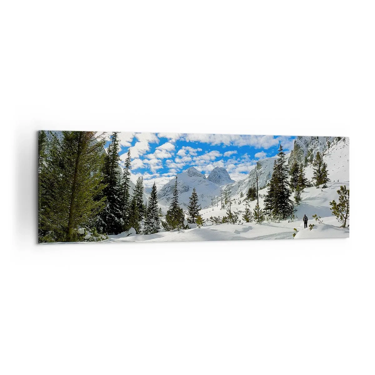 Cuadro sobre lienzo - Impresión de Imagen - Paisaje invernal de montaña con un bosque y un camino en la nieve. - 160x50cm - Nieve y sol - Decoración de pared moderna para salón y dormitorio ARTTOR
