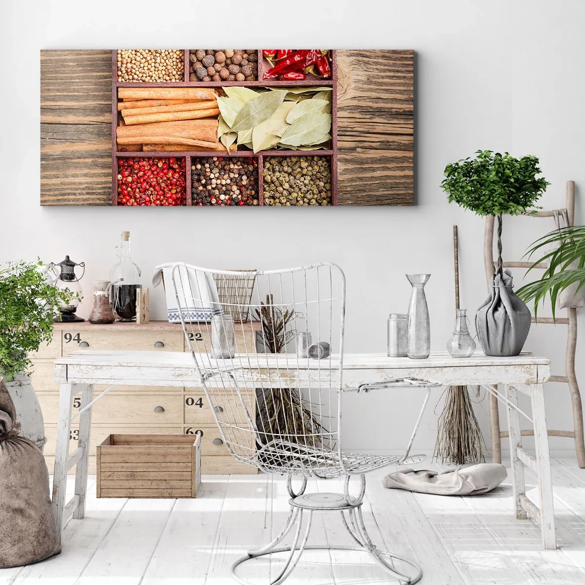 Cuadro sobre lienzo - Impresión de Imagen - Caja de madera con varias especias en compartimentos. - 160x50cm - Orden de formas, composición de aromas - Decoración de pared moderna para salón y dormitorio ARTTOR