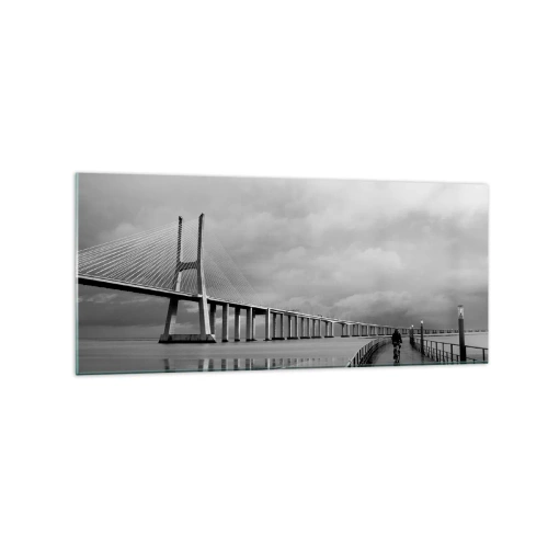 Cuadro sobre vidrio - Impresiones sobre Vidrio - Un puente colgante sobre el agua en blanco y negro. - 120x50cm - A cada uno lo suyo - Decoración de pared moderna para salón y dormitorio ARTTOR