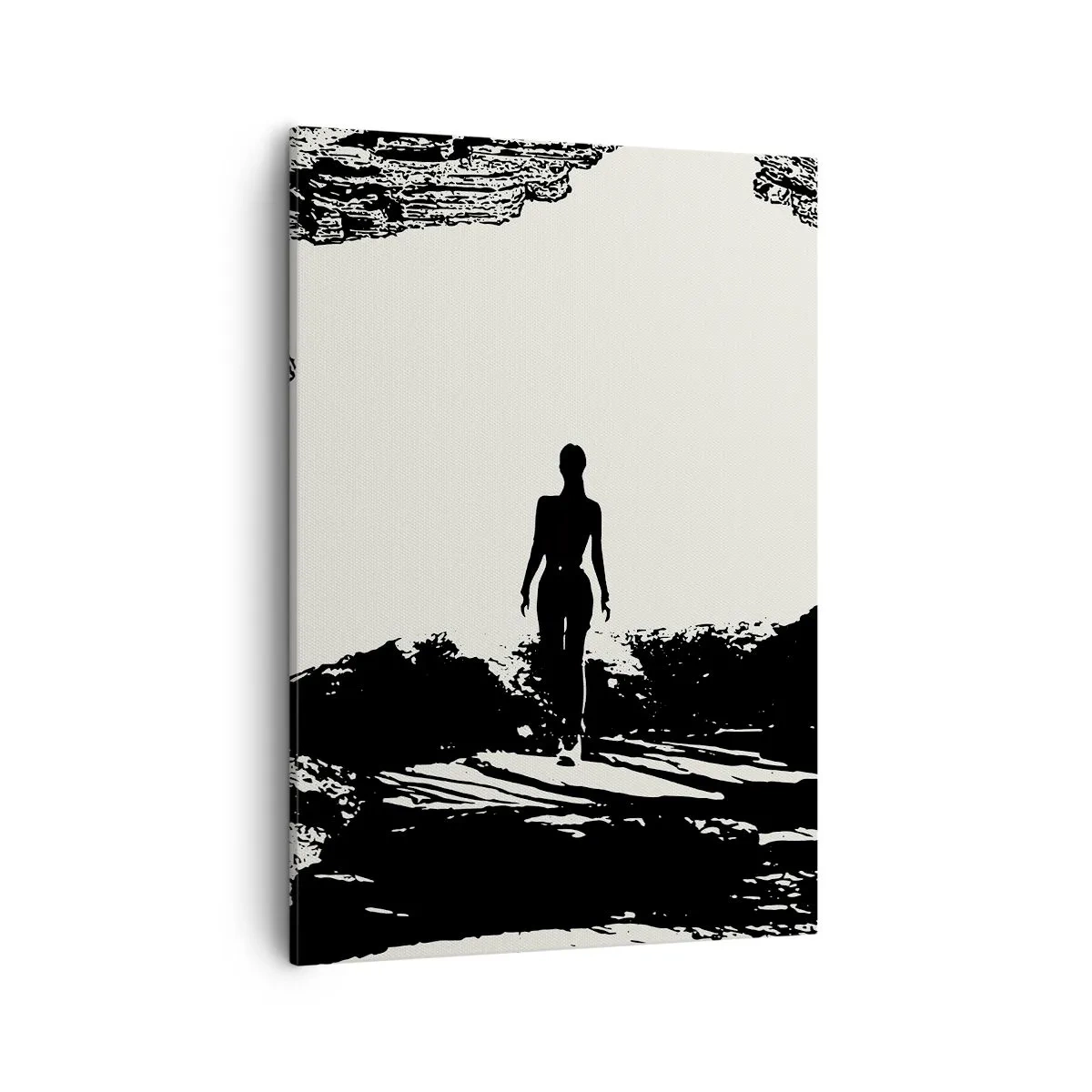 Cuadro sobre lienzo - Impresión de Imagen - Silueta en blanco y negro de una mujer en una cueva contra el cielo - 50x70cm - Una nueva mirada - Decoración de pared moderna para salón y dormitorio ARTTOR