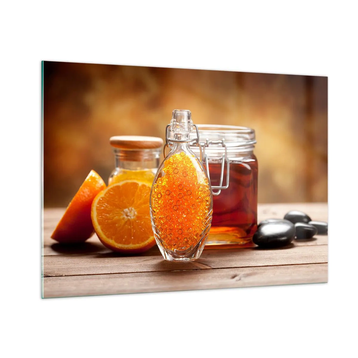 Cuadro sobre vidrio - Impresiones sobre Vidrio - Una botella de aceite y una naranja sobre una mesa de madera. - 100x70cm - Sabores y aromas soleados - Decoración de pared moderna para salón y dormitorio ARTTOR