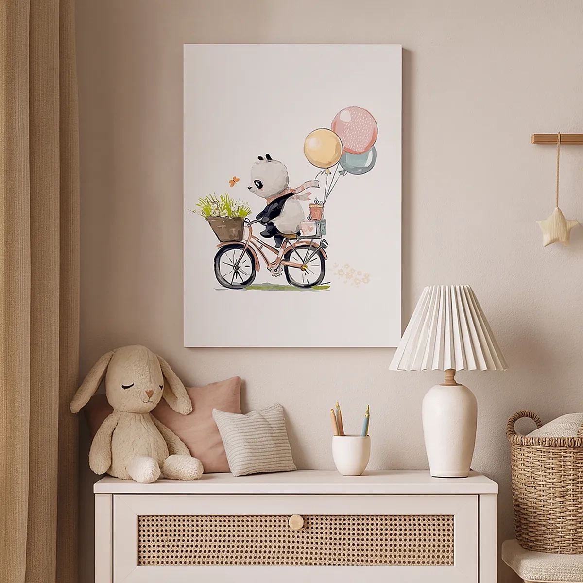 Cuadro sobre lienzo - Impresión de Imagen - Panda en bicicleta con globos y flores. - 50x70cm - Un día feliz - Decoración de pared moderna para salón y dormitorio ARTTOR