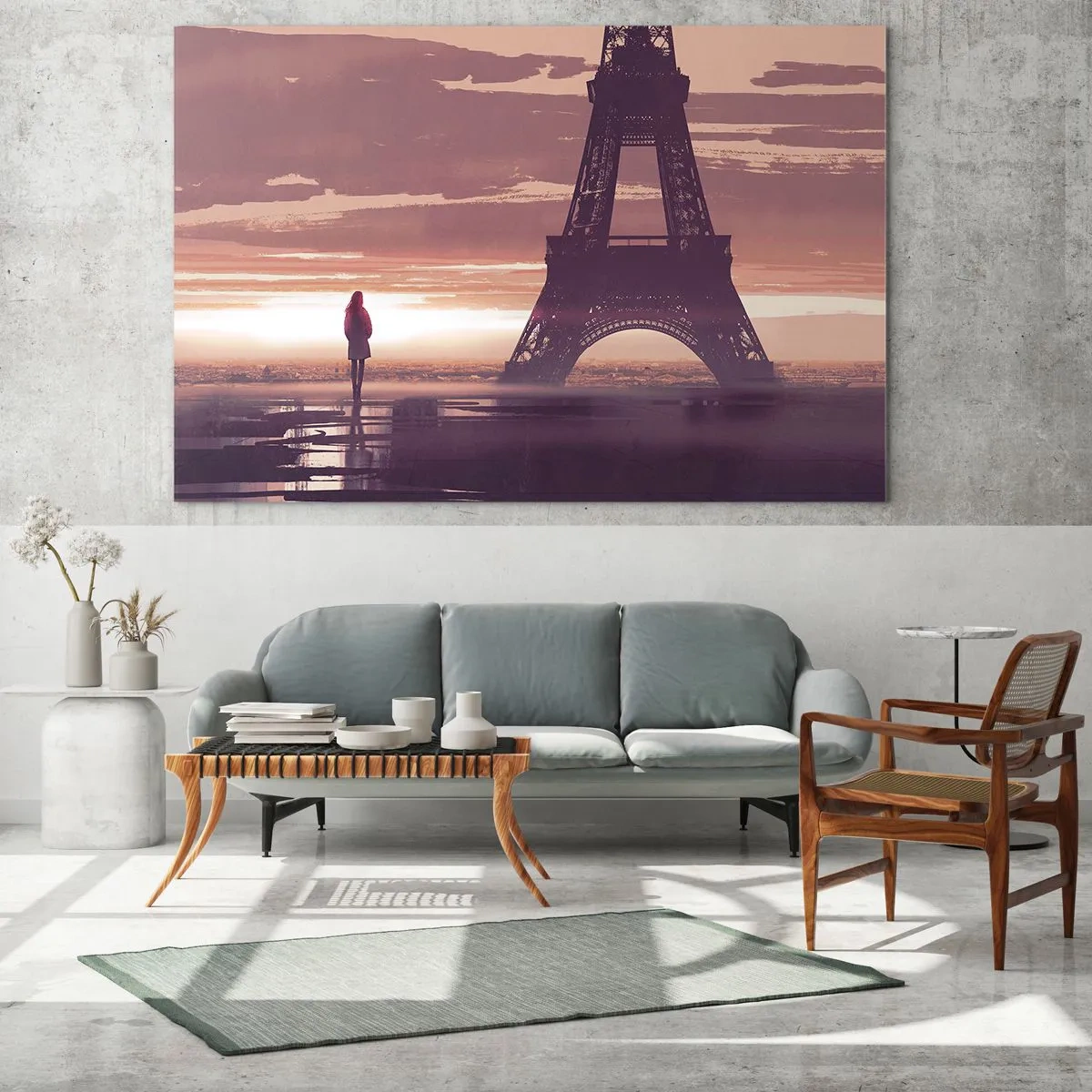 Cuadro sobre vidrio - Impresiones sobre Vidrio - La Torre Eiffel al atardecer con la silueta de una persona. - 70x50cm - Sólo ellas dos - Decoración de pared moderna para salón y dormitorio ARTTOR