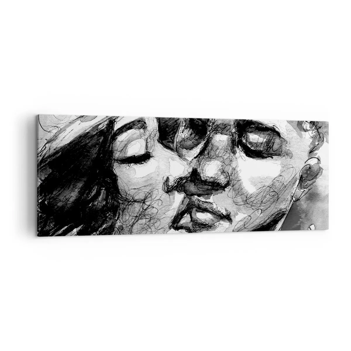 Cuadro sobre lienzo - Impresión de Imagen - Una acuarela en blanco y negro que representa un momento íntimo entre dos personas. - 140x50cm - Un momento tierno - Decoración de pared moderna para salón y dormitorio ARTTOR
