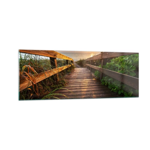 Cuadro sobre vidrio - Impresiones sobre Vidrio - Muelle de madera que conduce a la playa al atardecer - 140x50cm - Y directamente a la orilla - Decoración de pared moderna para salón y dormitorio ARTTOR