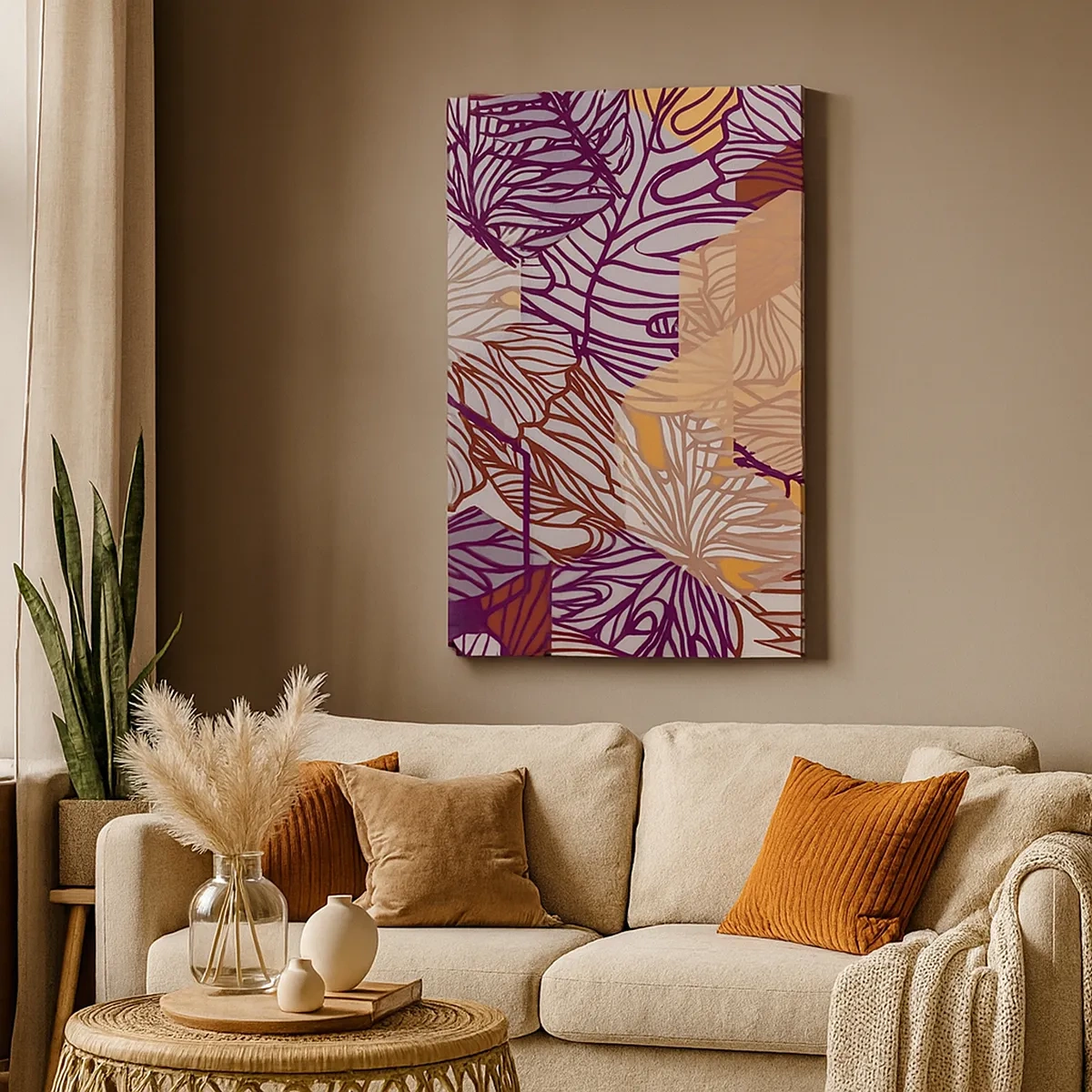 Cuadro sobre lienzo - Impresión de Imagen - Un patrón decorativo de hojas tropicales en tonos morado, naranja y beige. - 50x70cm - La unión imposible de la geometría y la naturaleza - Decoración de pared moderna para salón y dormitorio ARTTOR