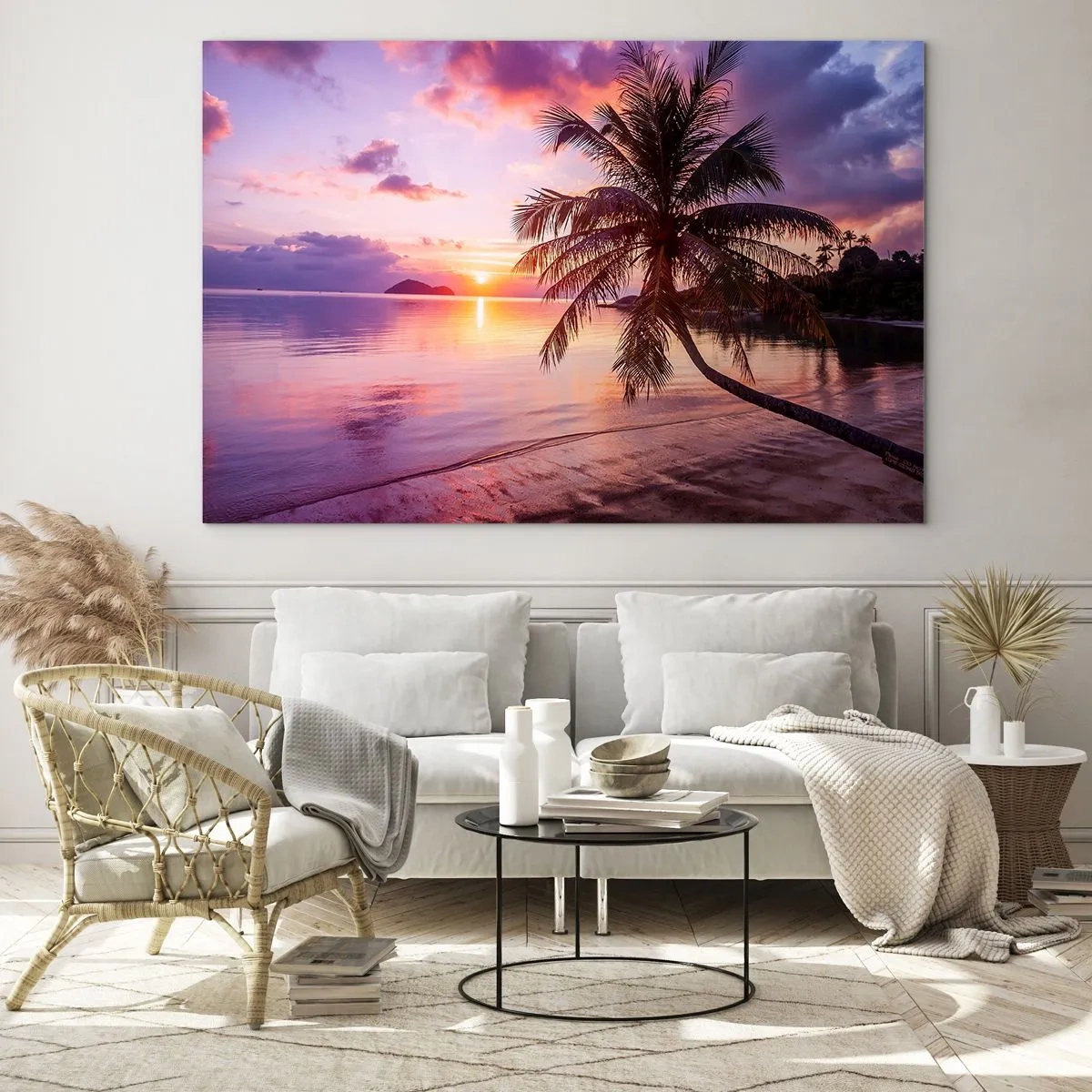 Cuadro sobre vidrio - Impresiones sobre Vidrio - Playa exótica con palmera al atardecer - 70x50cm - Hermosura hasta el horizonte - Decoración de pared moderna para salón y dormitorio ARTTOR