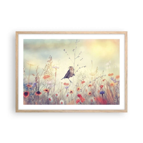 Póster en marco roble claro - Retrato de pájaro con prado de fondo - 70x50 cm