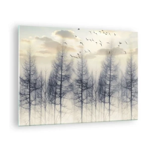 Cuadro sobre vidrio - Impresiones sobre Vidrio - Un bosque brumoso con pájaros, iluminado por el sol naciente. - 70x50cm - Espíritus del bosque - Decoración de pared moderna para salón y dormitorio ARTTOR