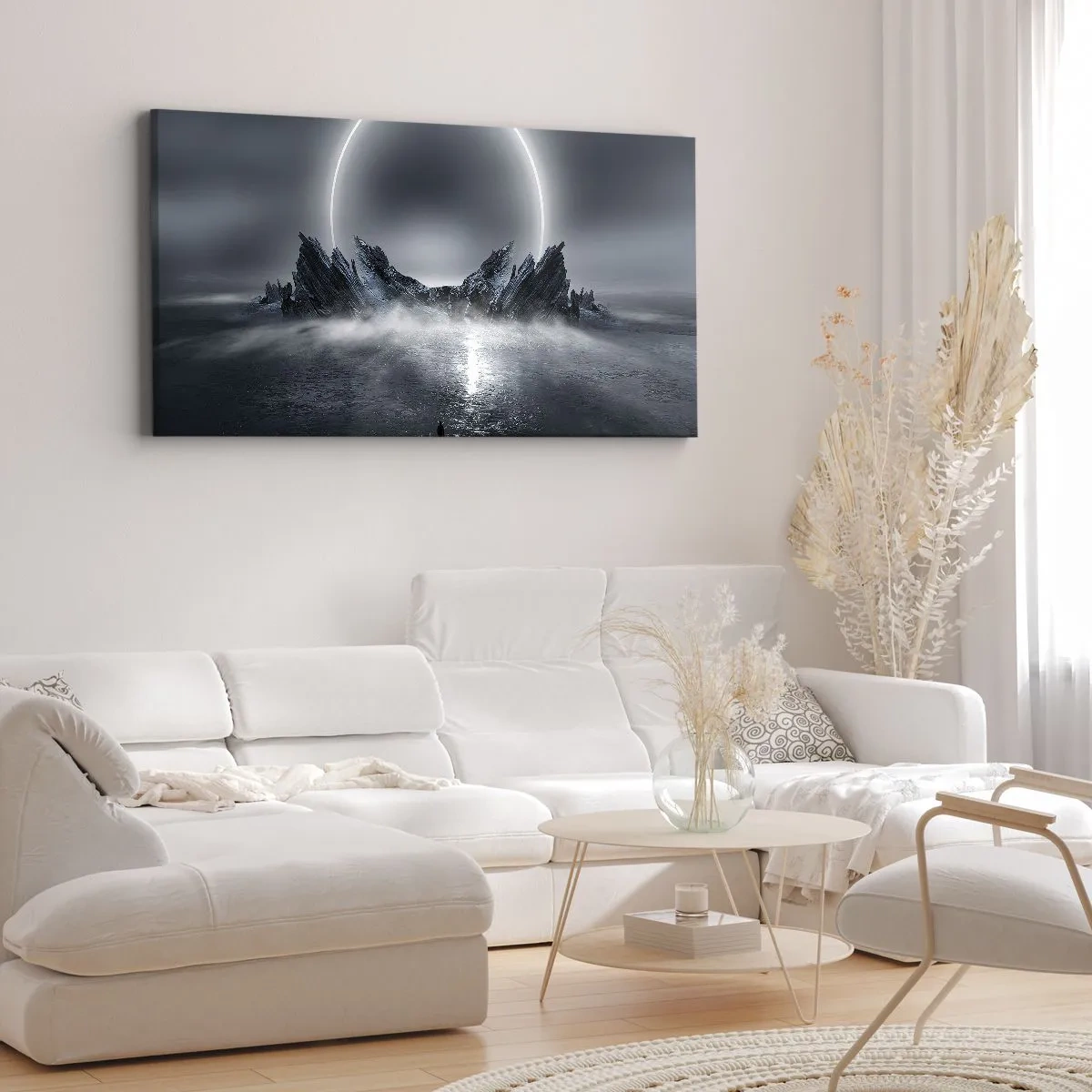 Cuadro sobre lienzo - Impresión de Imagen - Paisaje misterioso con un anillo de luz sobre las montañas. - 140x50cm - El final del cuento - Decoración de pared moderna para salón y dormitorio ARTTOR
