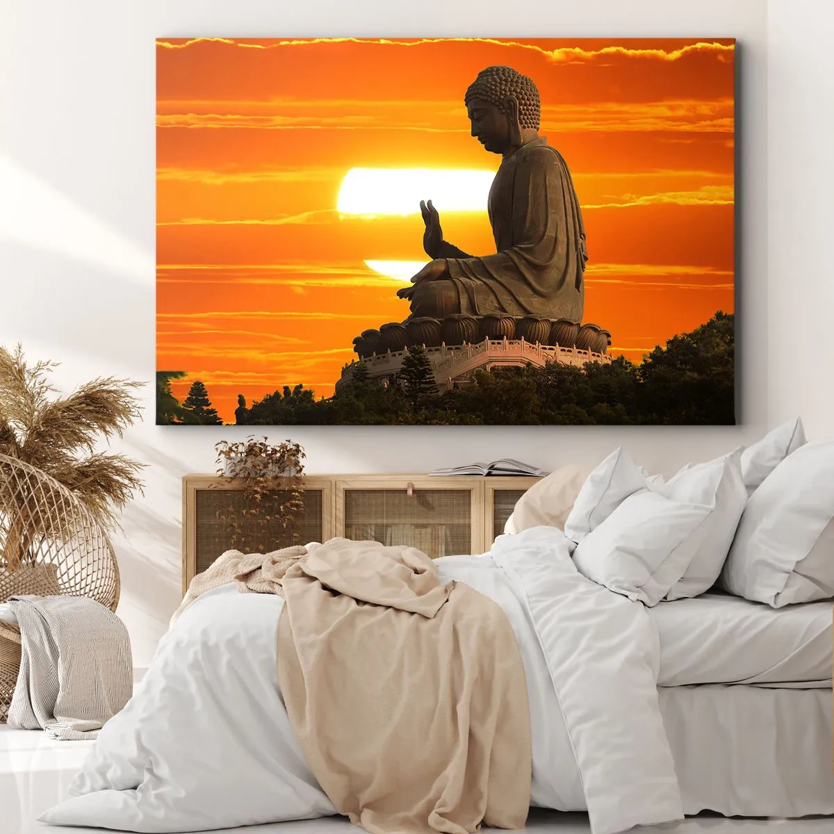 Cuadro sobre lienzo - Impresión de Imagen - Una estatua budista con el telón de fondo de una puesta de sol naranja. - 100x70cm - Sin miedo al mundo - Decoración de pared moderna para salón y dormitorio ARTTOR