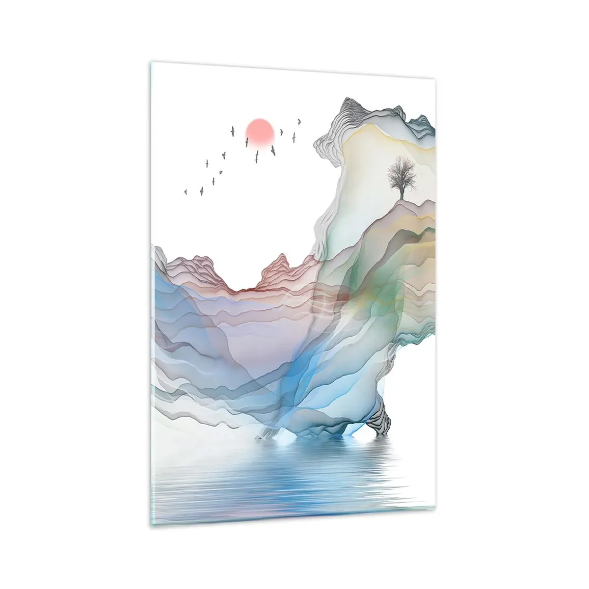 Cuadro sobre vidrio - Impresiones sobre Vidrio - Un paisaje sutil con montañas, agua y un barco. - 80x120cm - Hacia las montañas de cristal - Decoración de pared moderna para salón y dormitorio ARTTOR