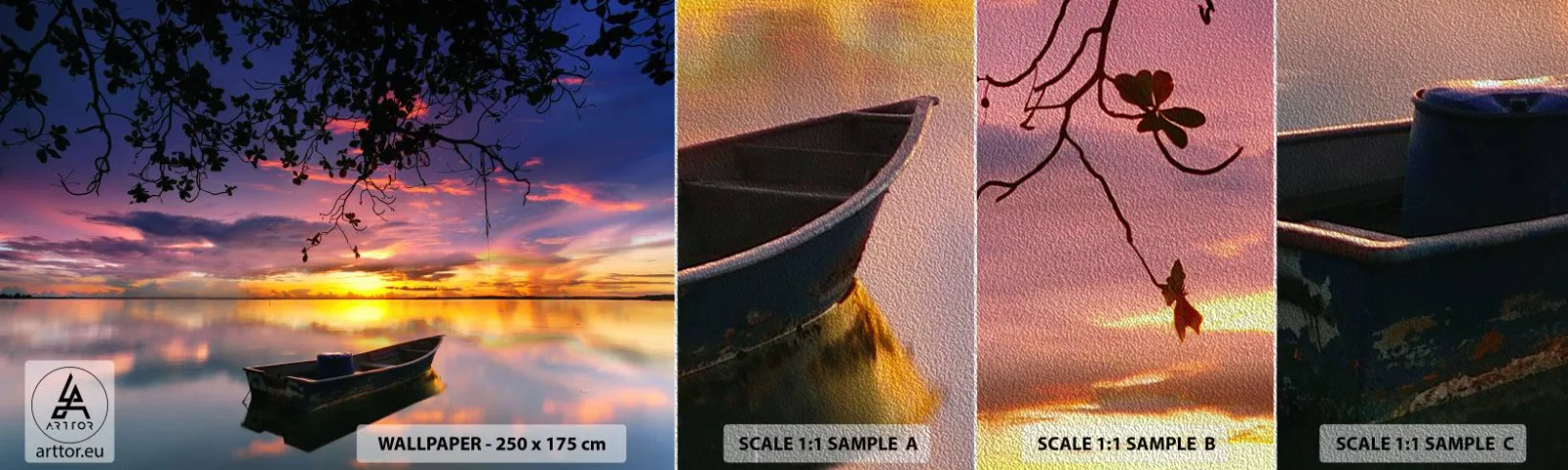 Muestra de fotomural Premium Sand - Un cielo de ensueño - Paisaje, Atardecer, Lago - 100x30 cm