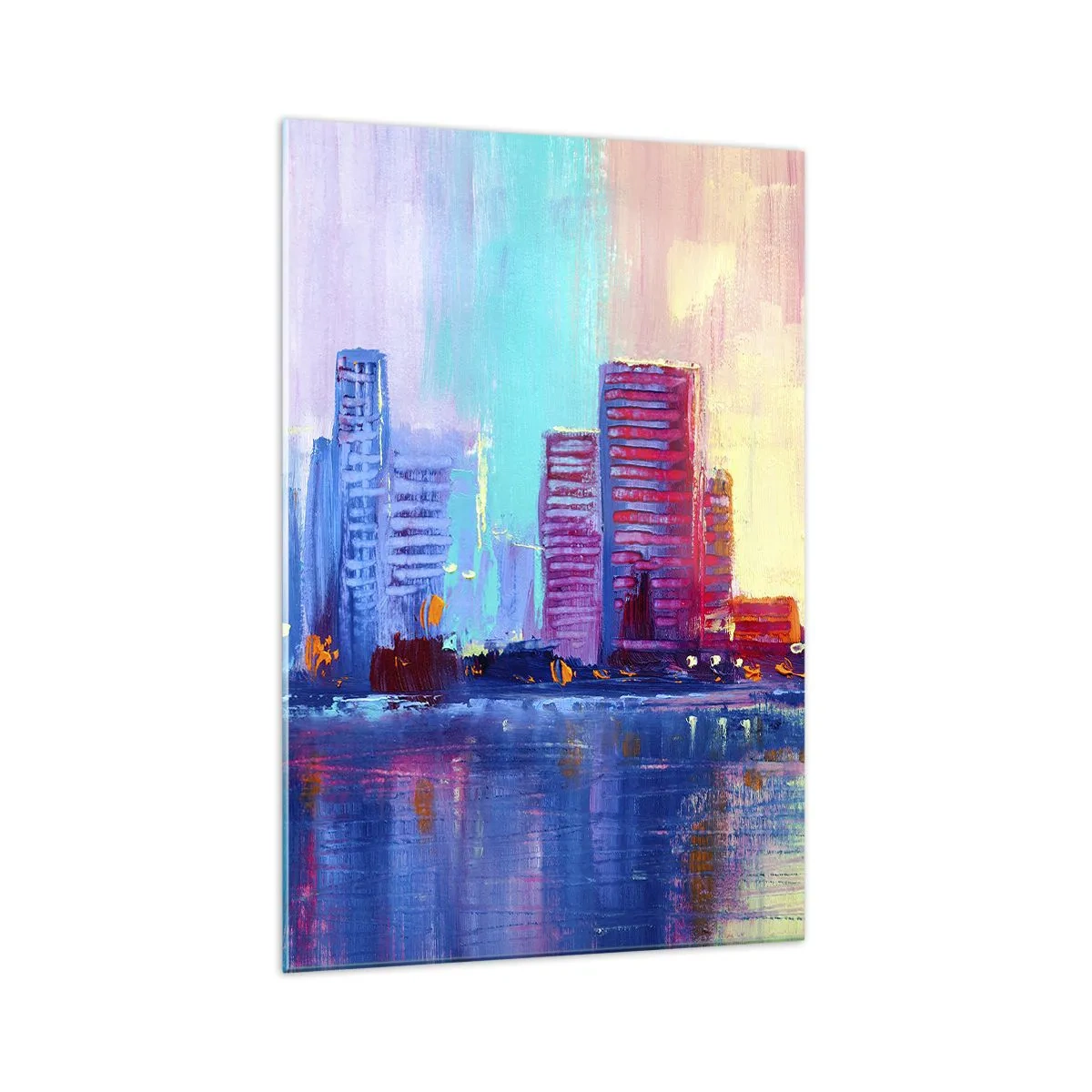 Cuadro sobre vidrio - Impresiones sobre Vidrio - Un panorama colorido de la ciudad en estilo acuarela. - 70x100cm - Bañado en color - Decoración de pared moderna para salón y dormitorio ARTTOR