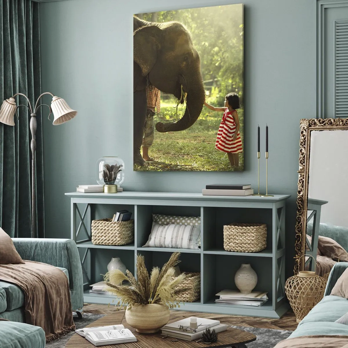 Cuadro sobre lienzo - Impresión de Imagen - Una niña con un vestido rojo tocando un elefante en el bosque. - 70x100cm - El poder de la amistad - Decoración de pared moderna para salón y dormitorio ARTTOR