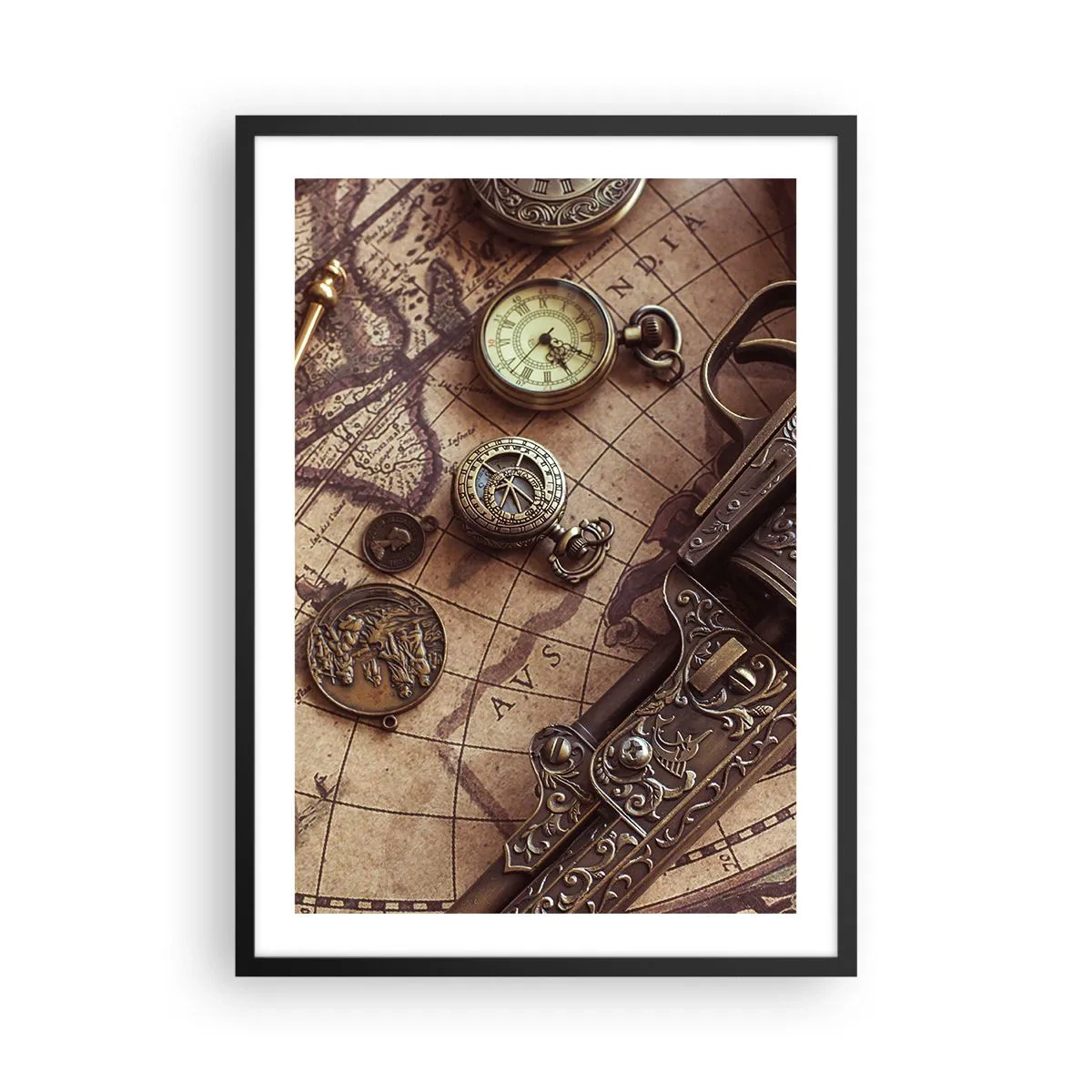 Póster en marco negro - Una brújula, un mapa y objetos antiguos que simbolizan la aventura. - 50x70cm - La aventura llama - Decoración de pared moderna para salón y dormitorio ARTTOR