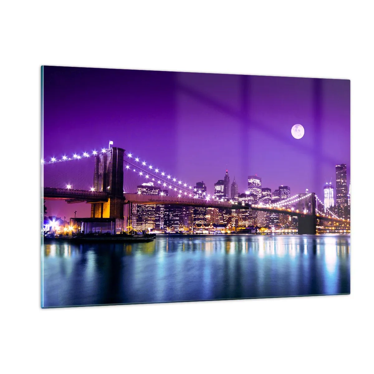 Cuadro sobre vidrio - Impresiones sobre Vidrio - El puente de Brooklyn y Manhattan de noche en tonos púrpuras - 120x80cm - Las luces de una gran ciudad en púrpura - Decoración de pared moderna para salón y dormitorio ARTTOR