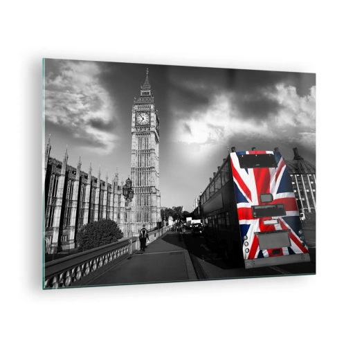 Cuadro sobre vidrio - Impresiones sobre Vidrio - El Big Ben y un autobús con bandera británica - 70x50cm - Orgullosa y grandiosa - Decoración de pared moderna para salón y dormitorio ARTTOR